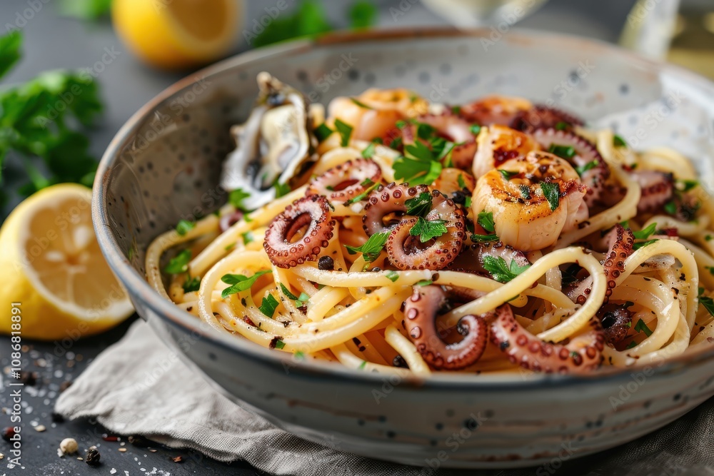 A delicious bowl of spaghetti topped with octopus, shrimp, and garnished with fresh herbs and lemon slices, perfect for seafood lovers. A delicious bowl of spaghetti topped with octopus, shrimp, and garnished with fresh herbs and lemon slices, perfect for seafood lovers.