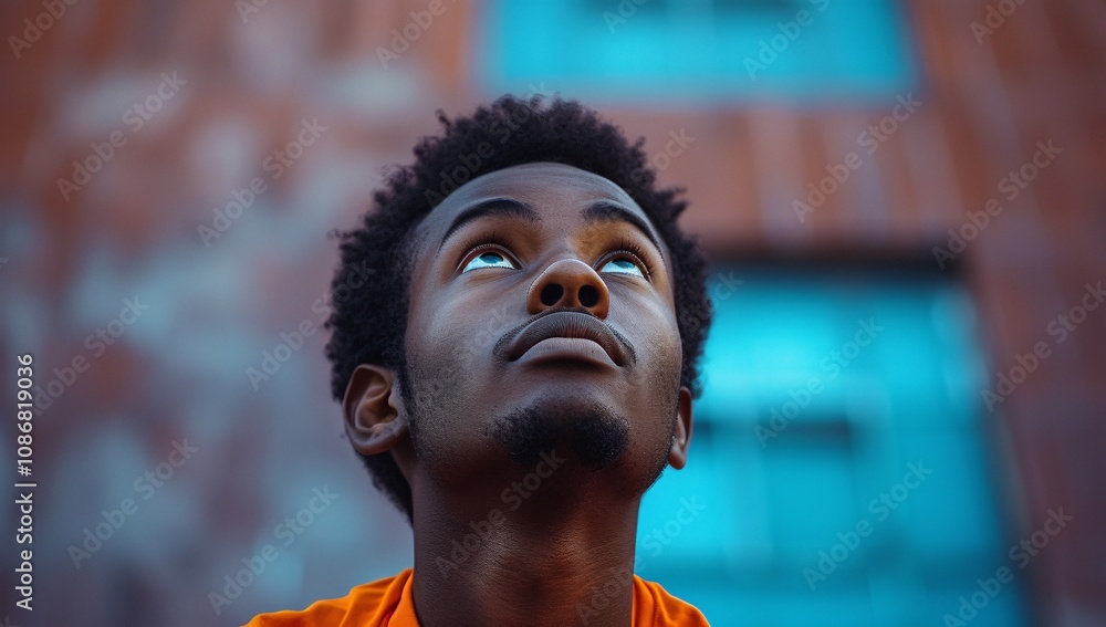 A young man gazing upward, expressing hope and reflection. His vibrant orange shirt contrasts with the cool, artistic background, emphasizing youth and introspection. A young man gazing upward, expressing hope and reflection. His vibrant orange shirt contrasts with the cool, artistic background, emphasizing youth and introspection.