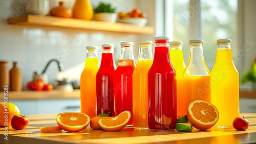 A row of glass bottles filled with colorful homemade beverages on a kitchen counter, showcasing a healthy and refreshing lifestyle.