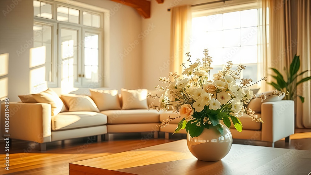 Fototapeta premium A bouquet of white and cream flowers in a ceramic vase on a wooden coffee table in a living room with a sectional sofa and large windows