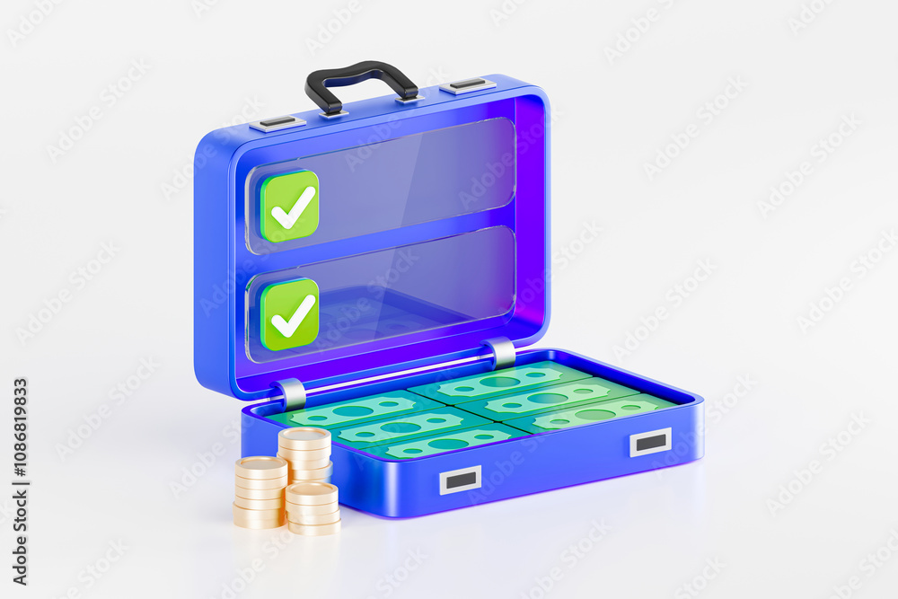 Banking, mortgage concept, terms and conditions, a 3d illustration of a blue case filled with money and penny, sections with checkmarks. Banking, mortgage concept, terms and conditions, a 3d illustration of a blue case filled with money and penny, sections with checkmarks.