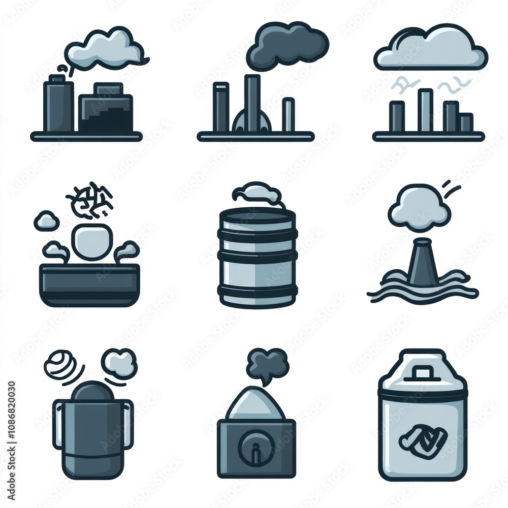 Nine Cartoon Illustrations of Different Sources of Pollution Nine Cartoon Illustrations of Different Sources of Pollution