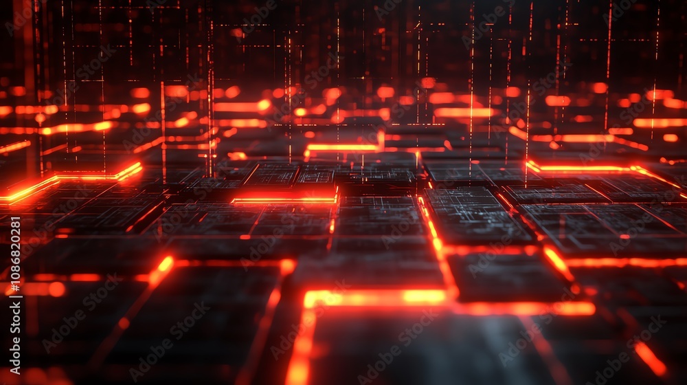 Holographic grids radiating glowing blockchain networks forming an interconnected neon system Holographic grids radiating glowing blockchain networks forming an interconnected neon system
