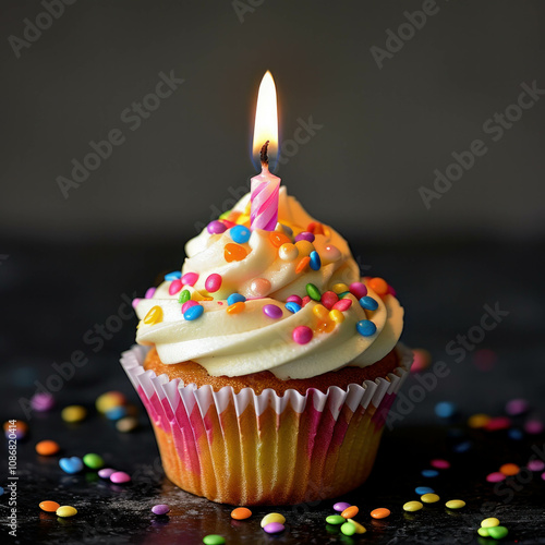 A fun and festive cupcake with a lit candle is ready to celebrate sweet treat, adorned with frosting is perfect for birthday party or celebration themes, evoking warmth and joy. AI generative photo