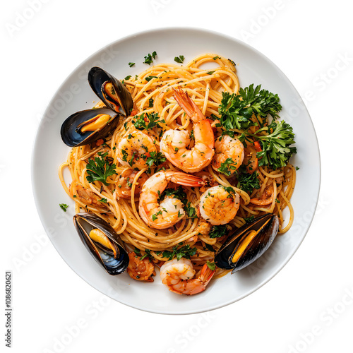 A Delicious Plate of Seafood Pasta Featuring Shrimp, Mussels, and Fresh Parsley Garnishing a Rich and Flavorful Dish Ready to Savor and Enjoy. photo