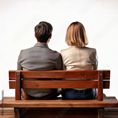 A Valentine's Day scene showing the back view of a woman with a bob haircut, casually dressed, sitting next to a man in a T-shirt on a wooden bench, set against a white background. AI-generated.