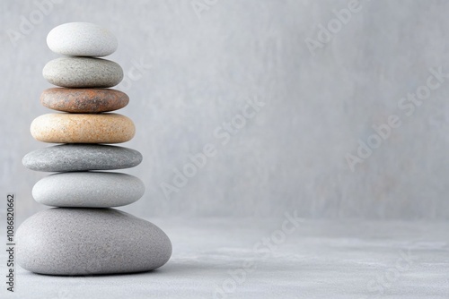 A balanced stack of smooth stones on a neutral background.