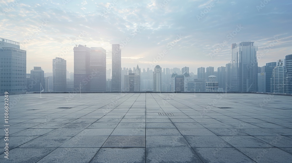 Empty square floor with city skyline background, Sustainable Urban Planning project, afternoon Empty square floor with city skyline background, Sustainable Urban Planning project, afternoon