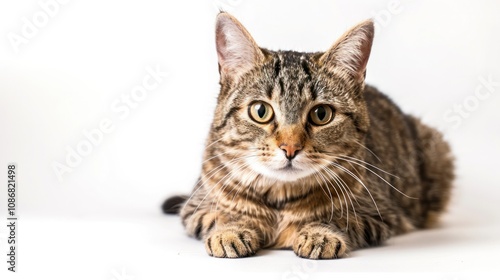 photograph of photo of a cat on a plain white background wide angle lens photo