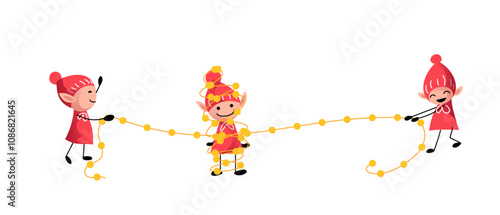 Funny gnomes in red suits and hats are pulling a festive garland. One gnome got entangled in a yellow garland