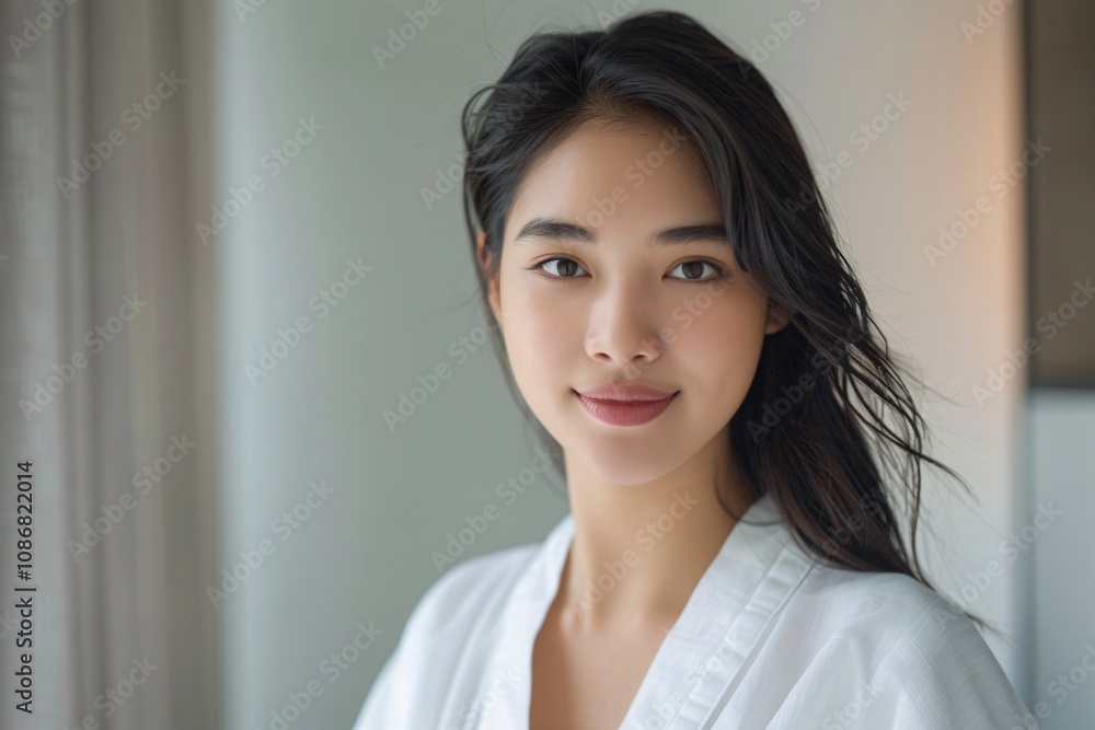 South East Asian woman with striking makeup and a trendy hairstyle. South East Asian woman with striking makeup and a trendy hairstyle.