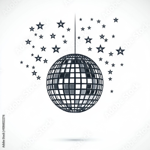 Vintage Disco Ball Design with Stylish Stars Against a Minimalistic Background for Use in Party and Event Themes, Music Events, and Retro-themed Imagery photo