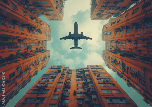 Low-angle photograph of an airplane flying between skyscrapers in China