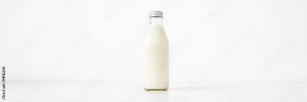 Milk bottle with cap standing upright on white surface, isolated, liquid, organic Milk bottle with cap standing upright on white surface, isolated, liquid, organic
