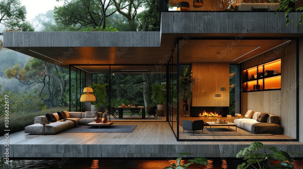 Modern Living Room and Dining Area with Fireplace and Nature View at Night Modern Living Room and Dining Area with Fireplace and Nature View at Night