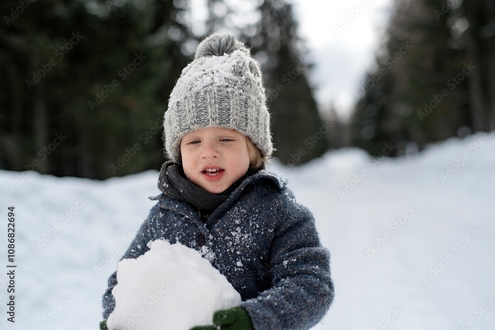Portrait of small boy enjoying winter holiday in the mountains with family, playing in snow. Portrait of small boy enjoying winter holiday in the mountains with family, playing in snow.