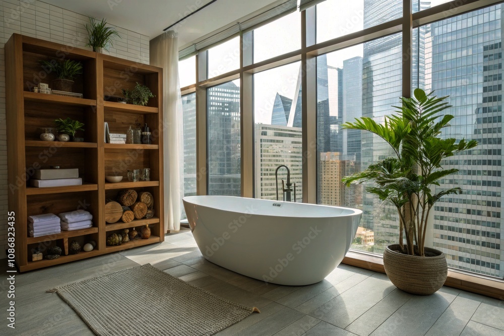 Fototapeta premium Freestanding Modern Bathtub in Urban Loft with Wooden Shelf and Green Plant - Contemporary Bathroom Design, Minimalist Aesthetics, Relaxation Space, Interior Decor Inspiration