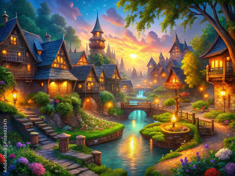 Fototapeta premium Enchanting Medieval Fantasy Village with Mystical Elements and Vibrant Colors Captured in Panoramic Photography for a Captivating 4k Video Animation Experience