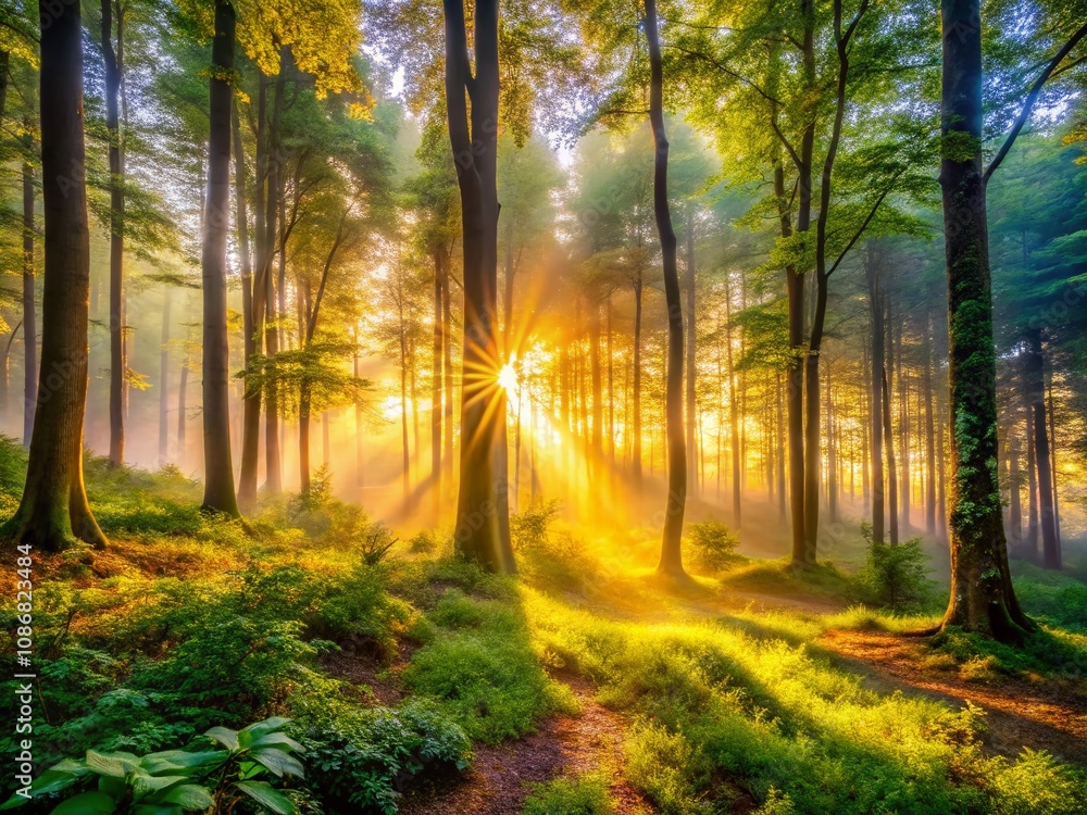 Obraz premium Enchanting Misty Forest at Sunrise: A Serene Landscape Captured in the Early Morning Light with Soft Hues and Ethereal Atmosphere Surrounded by Lush Greenery and Nature's Beauty