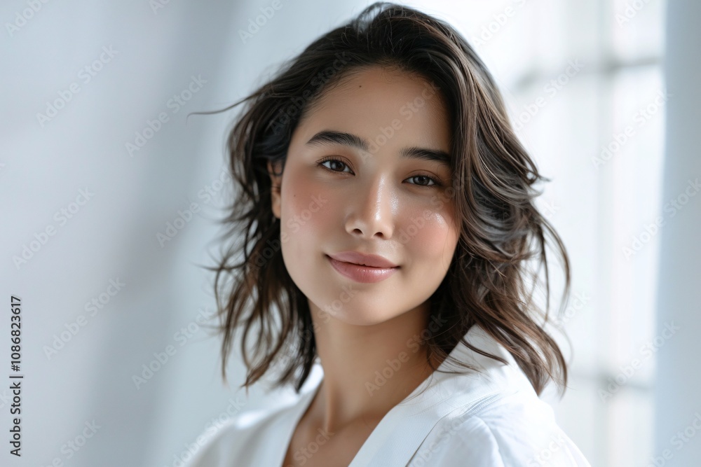 South East Asian woman with striking makeup and a trendy hairstyle. South East Asian woman with striking makeup and a trendy hairstyle.