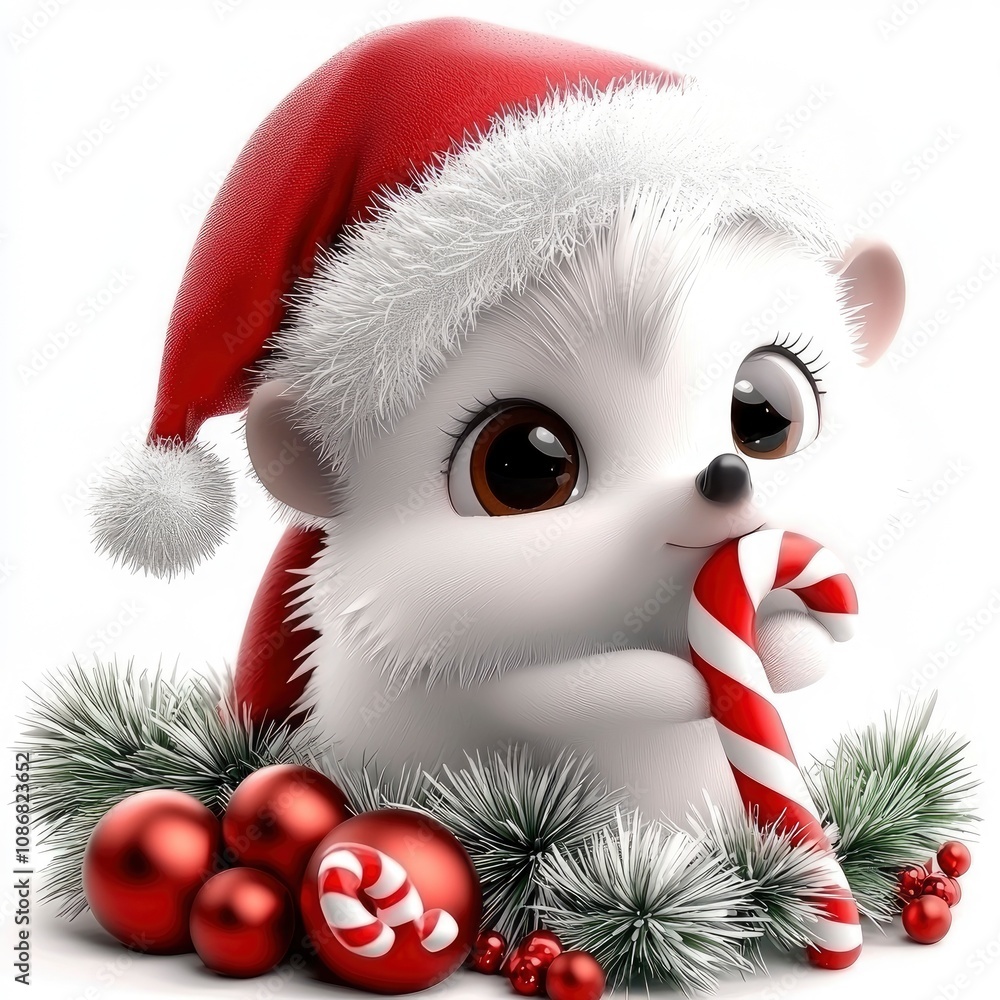 Adorable Hedgehog in Santa Hat with Candy Cane for Christmas Adorable Hedgehog in Santa Hat with Candy Cane for Christmas