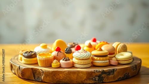 A wood platter filled with a variety of delicate and sweet treats, perfect for a celebratory occasion or special gathering.