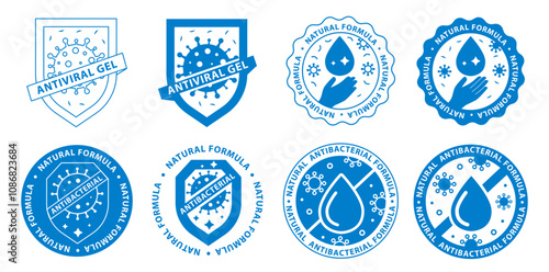 Antibacterial hand gel icon, anti bacterial antiseptic, vector logo set