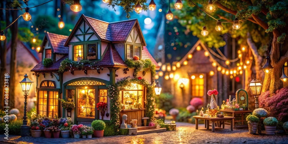 Obraz premium Enchanting Night Photography of a Cozy Boutique in a Charming Urban Setting with Soft Lights and Whimsical Decor, Evoking a Dreamy Atmosphere and Romantic Vibes for Fashion Lovers