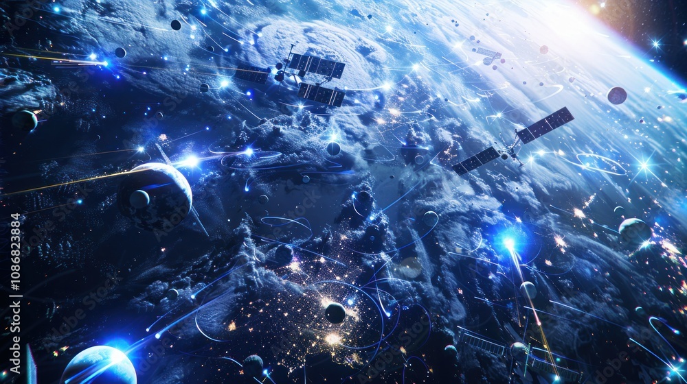 Obraz premium photograph of Satellites sending datas exchanges and futuristic connections system over the globe 3D rendering,Planets on a blue galaxy background.