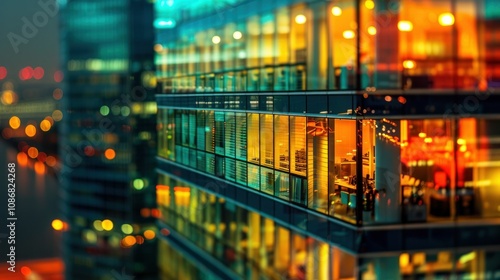 photograph of Sharp and detailed tilt-shift photo of a modern corporate office illuminated