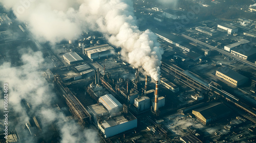 An aerial view of an industrial area with smoke billowing from tall chimneys, highlighting environmental concerns related to pollution and industrial activity. photo