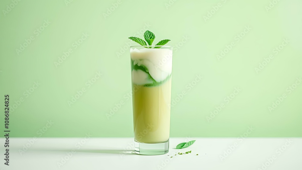 A refreshing drink with a creamy layer and green swirls, garnished with a sprig of mint, resting on a white surface against a soft green background. A refreshing drink with a creamy layer and green swirls, garnished with a sprig of mint, resting on a white surface against a soft green background.