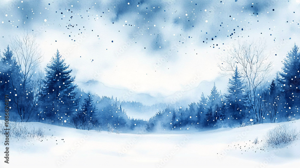 Fototapeta premium A serene winter landscape featuring gentle snowfall, ideal for holiday greeting cards, winter-themed design, or cozy home decor.