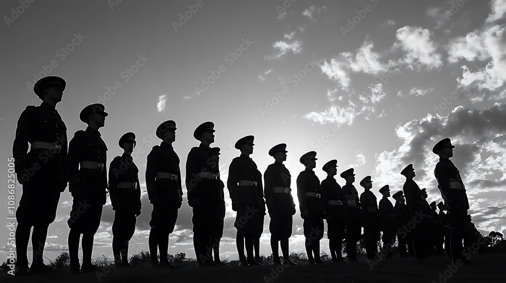 A group of soldiers stand in a line, with the sun setting behind them A group of soldiers stand in a line, with the sun setting behind them