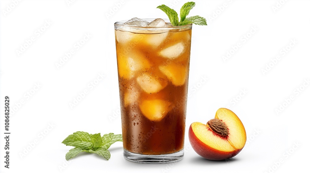 Refreshing iced peach tea drink with fresh mint leaves for summer beverage Refreshing iced peach tea drink with fresh mint leaves for summer beverage