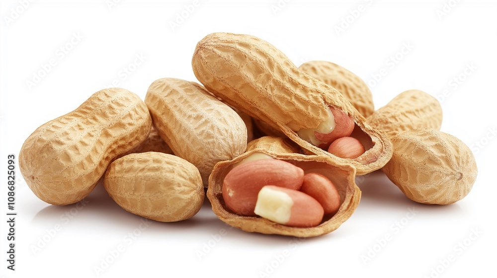 Pile of fresh peanuts in shells isolated on white background for snack concept Pile of fresh peanuts in shells isolated on white background for snack concept