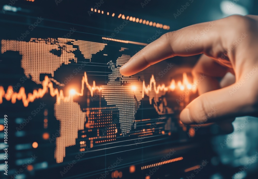 Hand Pointing at Digital World Map with Data Visualization and Vibrant Pulse Graphs Representing Global Connectivity and Technological Advancement Hand Pointing at Digital World Map with Data Visualization and Vibrant Pulse Graphs Representing Global Connectivity and Technological Advancement