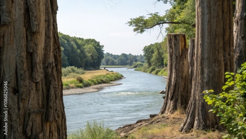 Narrowing riverway between ancient tree trunks, riverscape, trees photo