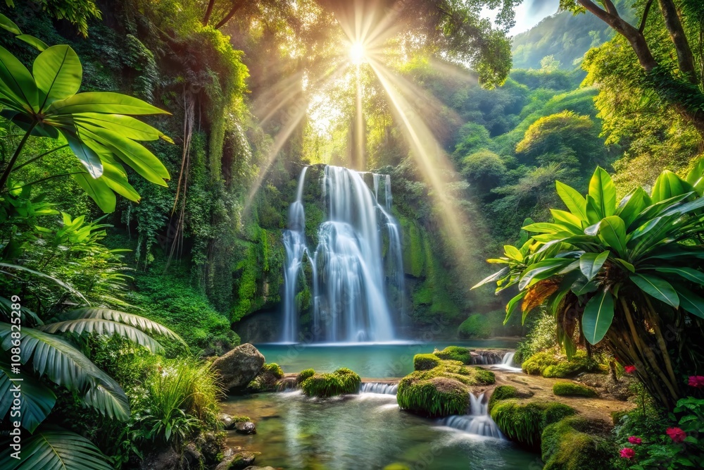 Enchanting Surreal Waterfall in a Lush Tropical Jungle: A Dreamlike Forest Landscape with Cascading Water and Vibrant Greenery for Nature Lovers and Wallpaper Enthusiasts Enchanting Surreal Waterfall in a Lush Tropical Jungle: A Dreamlike Forest Landscape with Cascading Water and Vibrant Greenery for Nature Lovers and Wallpaper Enthusiasts