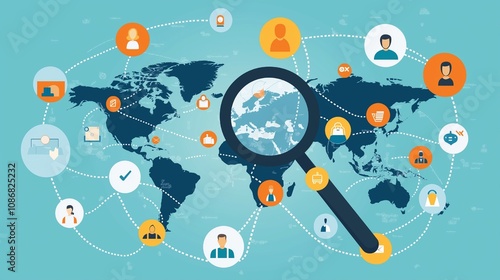 Digital marketing icons with magnifying glass and connections on blue background