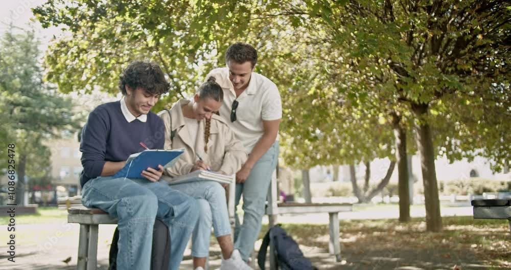 Three happy high school friends do their homework together in a sunny park after classes. Three happy high school friends do their homework together in a sunny park after classes.