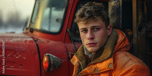 A young man with tousled hair gazes thoughtfully while leaning against a weathered red truck. The scene captures a moment of contemplation in a rustic setting.