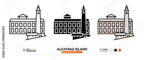 Alcatraz Island Line Icon. San Francisco Bay USA, Silhouette, Color Symbol, Editable Stroke.