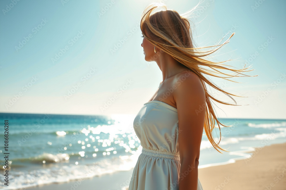 砂浜を散歩している美しい女性のAI生成画像 砂浜を散歩している美しい女性のAI生成画像