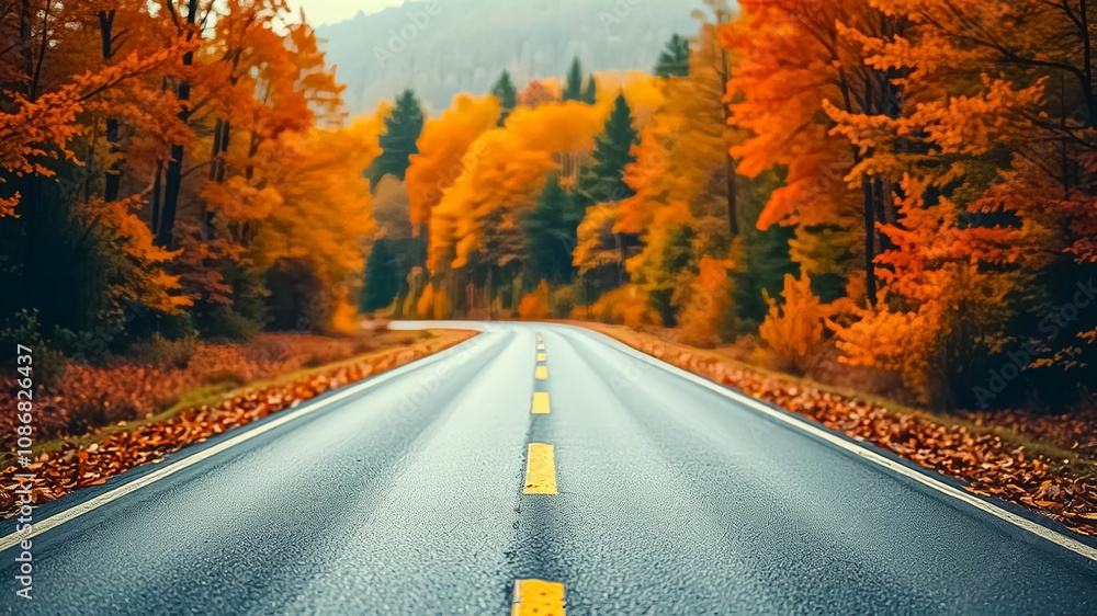 Fototapeta premium A Winding Road Through Vibrant Autumn Foliage, Leading Towards a Serene Horizon