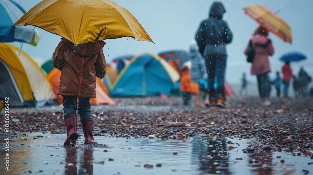 A child with a yellow umbrella walks along a rainy beach, surrounded by colorful tents and people enjoying the weather.
