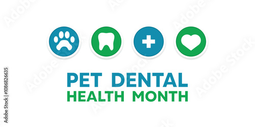 National Pet Dental Health Month. Pet, tooth, plus icon and heart. Great for cards, banners, posters, social media and more. White background. 