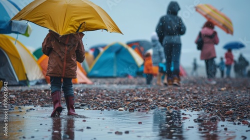A child with a yellow umbrella walks along a rainy beach, surrounded by colorful tents and people enjoying the weather.