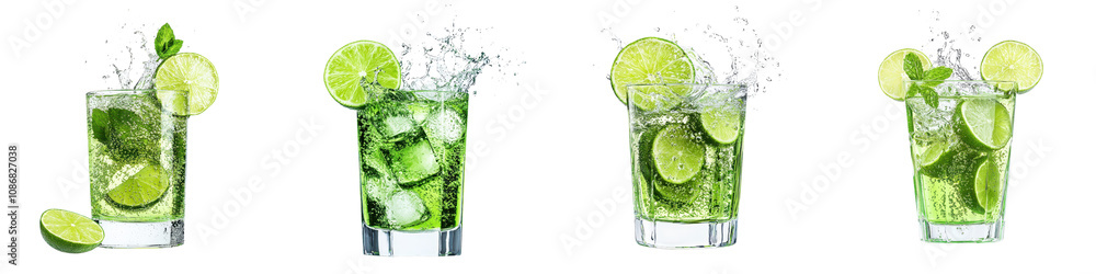 Chilled Mojito Cocktails with Fresh Limes and Mint Served in Glasses Chilled Mojito Cocktails with Fresh Limes and Mint Served in Glasses
