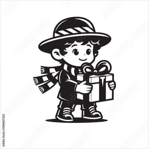 Happy Child with Hanukkah Gift. A cheerful cartoon girl, holding a gift box featuring a menorah design.